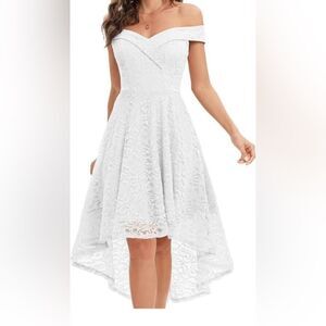 HomRain Floral Eyelet Lace Dress Off The Shoulder High Low Hem Dress L